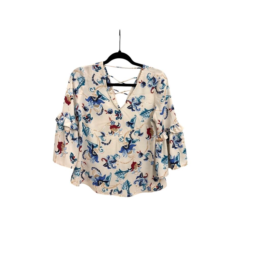 White House Black Market Floral Flowy Feminine Bell Sleeve Blouse Lace-up XS